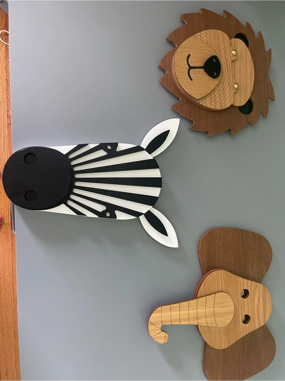 Crate&Barrel Wooden Animal Head Trio Wall Hooks in Brown and Black